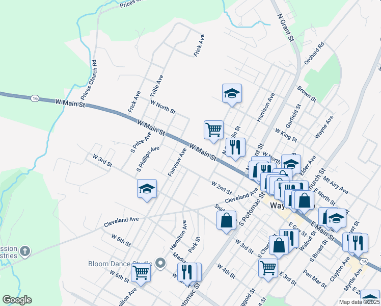 map of restaurants, bars, coffee shops, grocery stores, and more near 352 West Main Street in Waynesboro