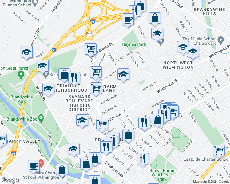 map of restaurants, bars, coffee shops, grocery stores, and more near 509 West 26th Street in Wilmington
