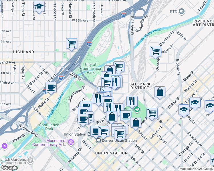 map of restaurants, bars, coffee shops, grocery stores, and more near in Denver