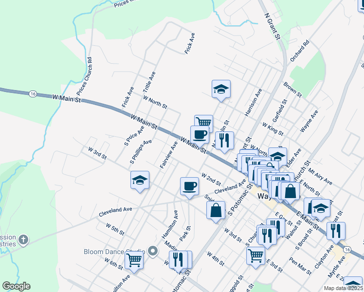 map of restaurants, bars, coffee shops, grocery stores, and more near 352 West Main Street in Waynesboro