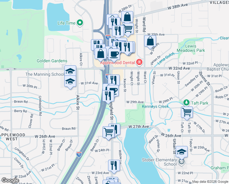 map of restaurants, bars, coffee shops, grocery stores, and more near 3050 Youngfield Street in Wheat Ridge