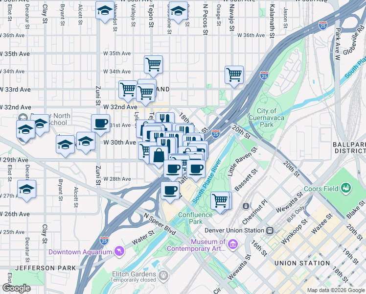 map of restaurants, bars, coffee shops, grocery stores, and more near 2510 Kensing Court in Denver
