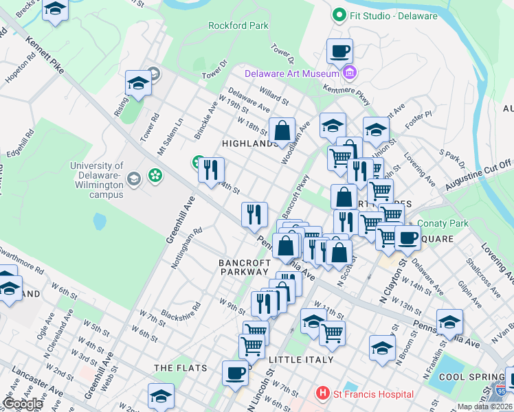 map of restaurants, bars, coffee shops, grocery stores, and more near 2334 West 14th Street in Wilmington