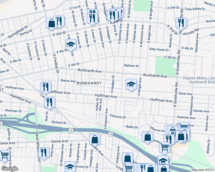 map of restaurants, bars, coffee shops, grocery stores, and more near 218 Pleasant Avenue in Dayton