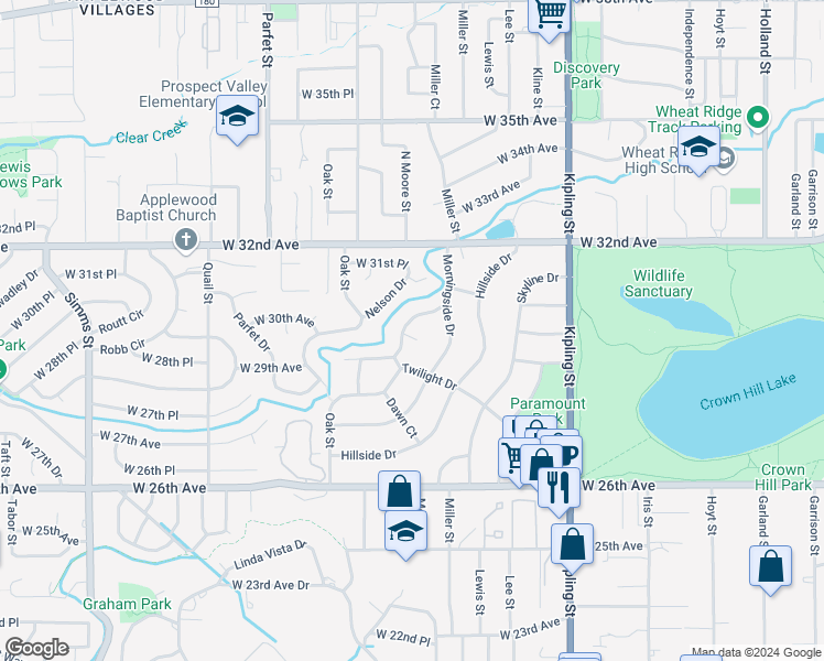 map of restaurants, bars, coffee shops, grocery stores, and more near 16 Rangeview Place in Wheat Ridge