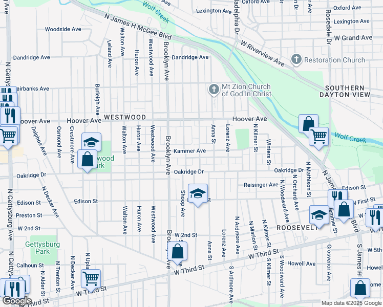 map of restaurants, bars, coffee shops, grocery stores, and more near 816 Kammer Avenue in Dayton