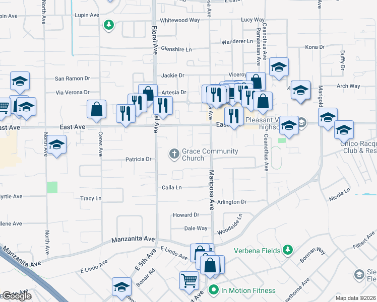 map of restaurants, bars, coffee shops, grocery stores, and more near 7 Jenny Way in Chico