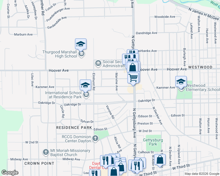 map of restaurants, bars, coffee shops, grocery stores, and more near 4115 Shenandoah Drive in Dayton