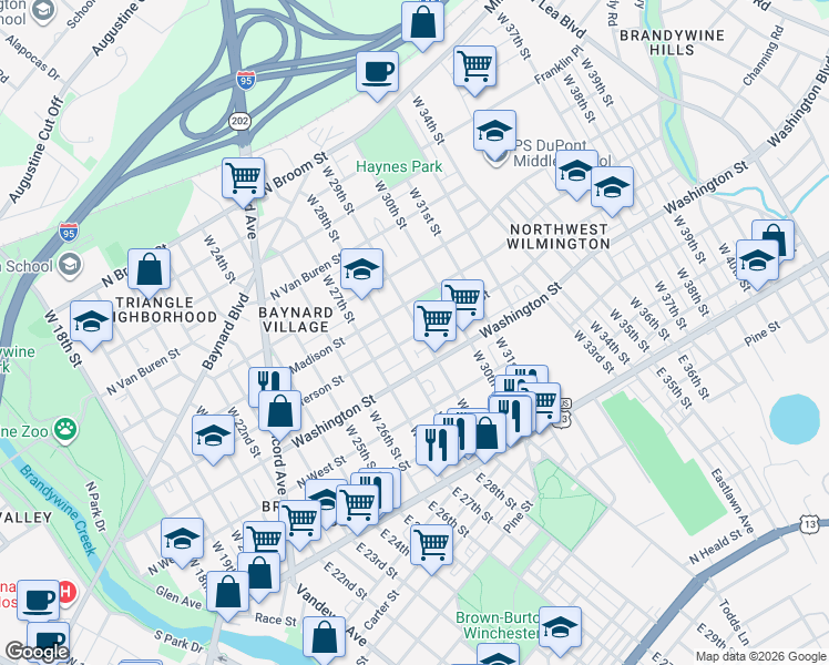 map of restaurants, bars, coffee shops, grocery stores, and more near 315 West 29th Street in Wilmington