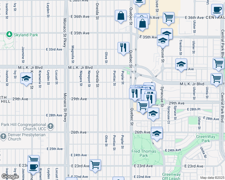 map of restaurants, bars, coffee shops, grocery stores, and more near 2959 Pontiac Street in Denver