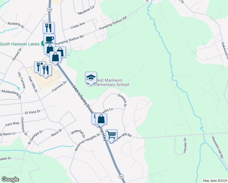 map of restaurants, bars, coffee shops, grocery stores, and more near 193 Smeach Drive in Hanover