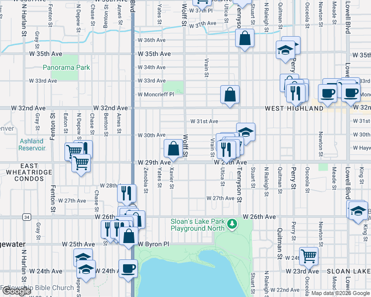 map of restaurants, bars, coffee shops, grocery stores, and more near Wolff St & W Hayward Pl in Denver
