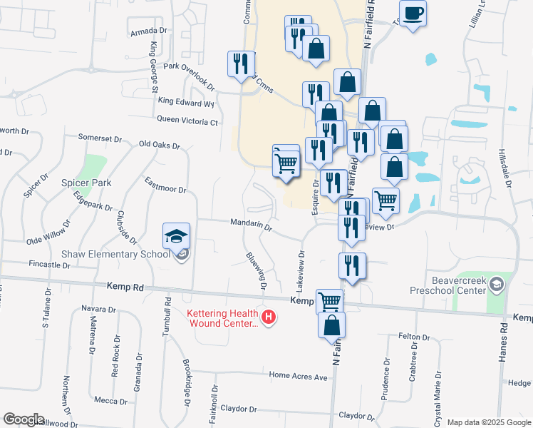 map of restaurants, bars, coffee shops, grocery stores, and more near 2389 Mallard Lane in Beavercreek