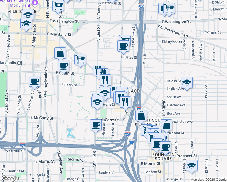 map of restaurants, bars, coffee shops, grocery stores, and more near 520 Virginia Avenue in Indianapolis