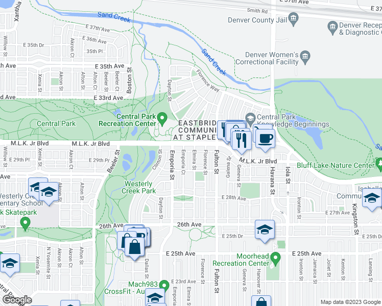 map of restaurants, bars, coffee shops, grocery stores, and more near 2955 Elmira Street in Denver