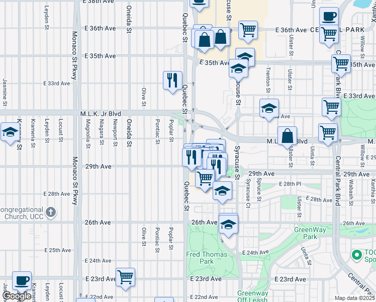 map of restaurants, bars, coffee shops, grocery stores, and more near 2970 Quebec Street in Denver