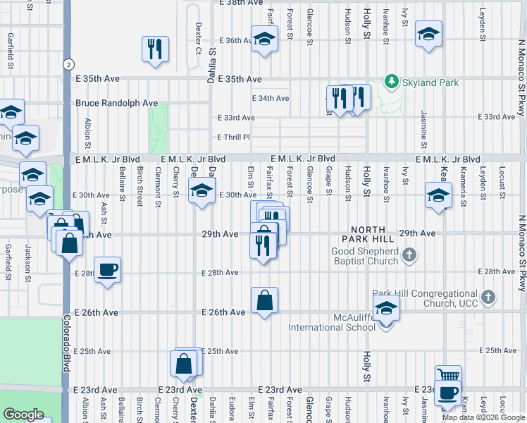map of restaurants, bars, coffee shops, grocery stores, and more near 2930 Fairfax Street in Denver