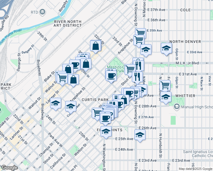 map of restaurants, bars, coffee shops, grocery stores, and more near 2930 Champa Street in Denver