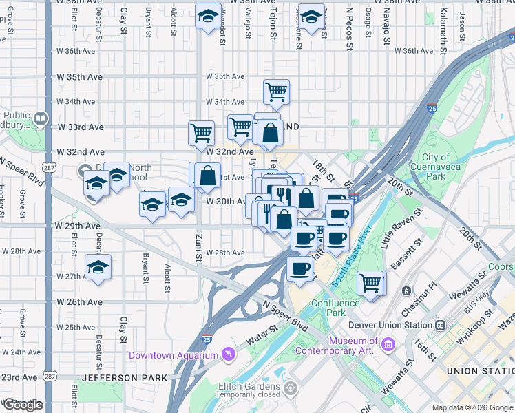 map of restaurants, bars, coffee shops, grocery stores, and more near in Denver