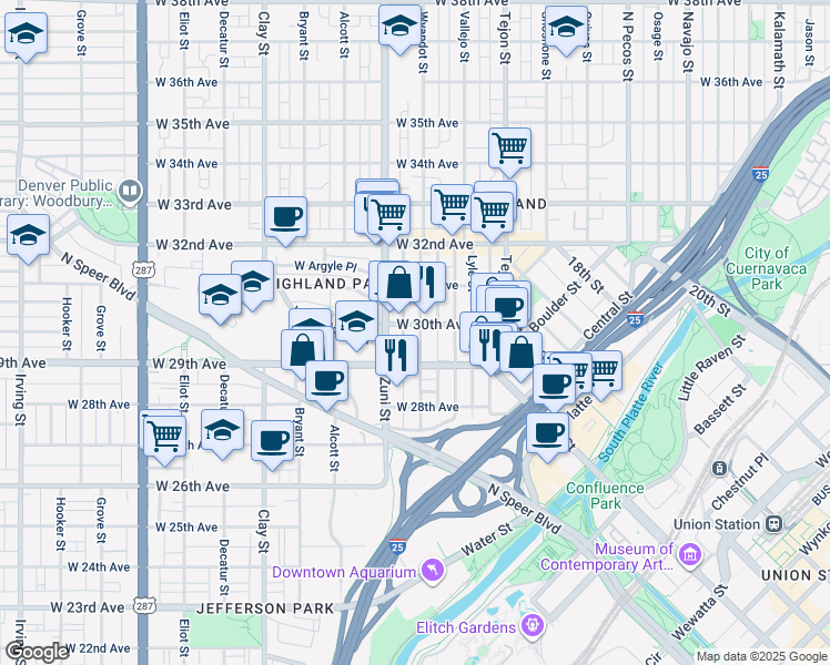 map of restaurants, bars, coffee shops, grocery stores, and more near 2933 Wyandot Street in Denver
