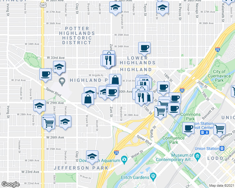map of restaurants, bars, coffee shops, grocery stores, and more near 2925 Wyandot Street in Denver