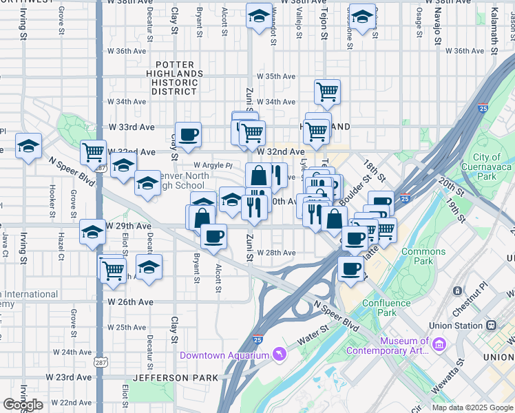 map of restaurants, bars, coffee shops, grocery stores, and more near 2933 Wyandot Street in Denver