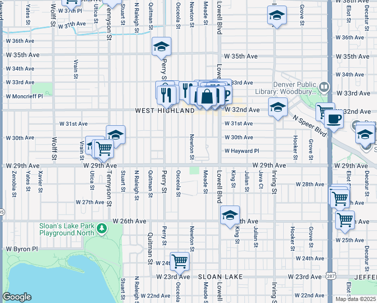 map of restaurants, bars, coffee shops, grocery stores, and more near 2921 Newton Street in Denver