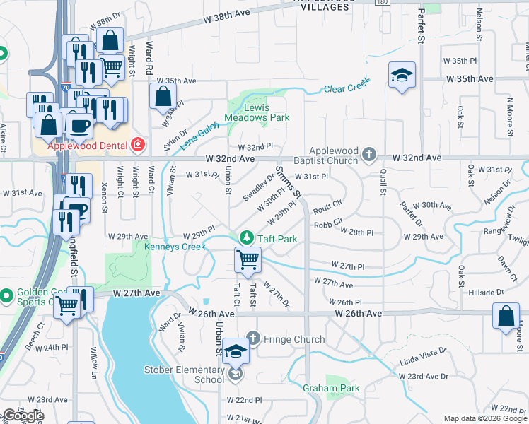map of restaurants, bars, coffee shops, grocery stores, and more near 11725 West 29th Place in Lakewood