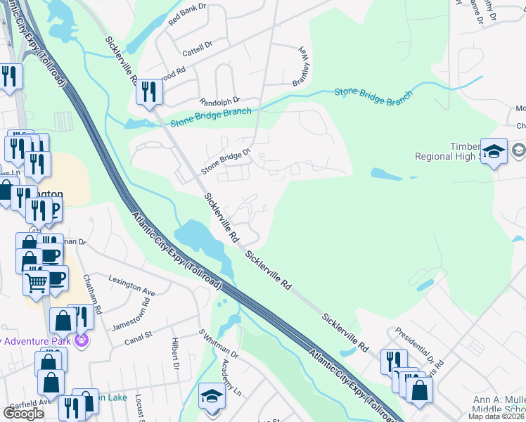 map of restaurants, bars, coffee shops, grocery stores, and more near 1604 Walden Court in Sicklerville