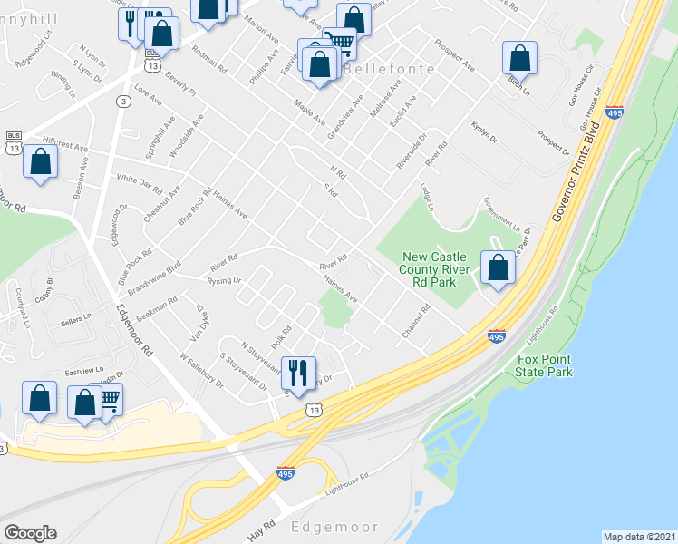 map of restaurants, bars, coffee shops, grocery stores, and more near 302 River Road in Wilmington