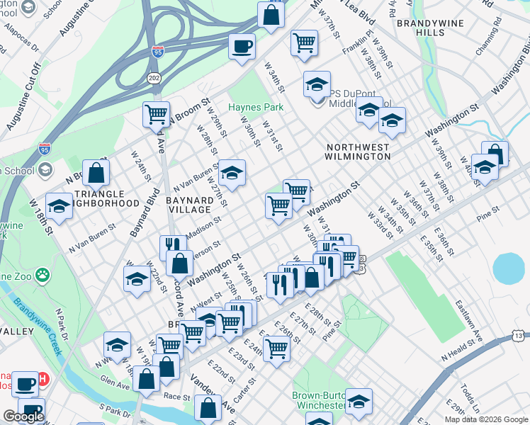map of restaurants, bars, coffee shops, grocery stores, and more near 315 West 29th Street in Wilmington