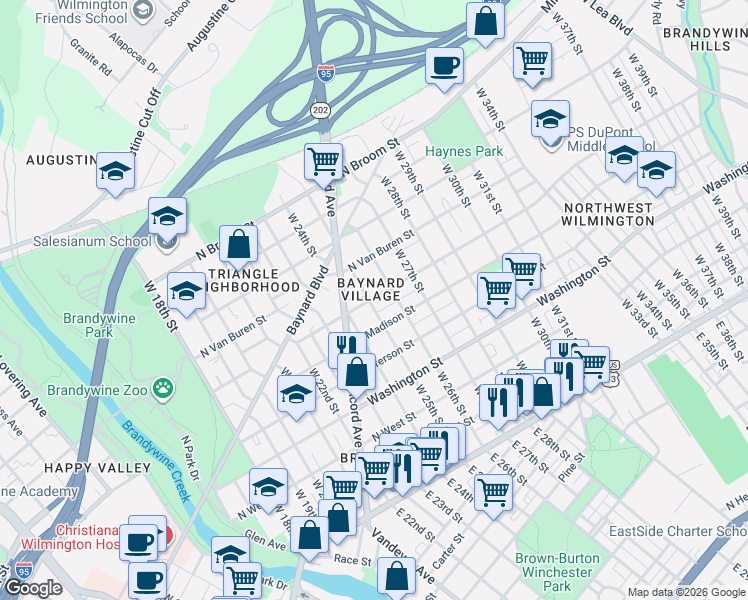 map of restaurants, bars, coffee shops, grocery stores, and more near 2512 Zebley Place in Wilmington