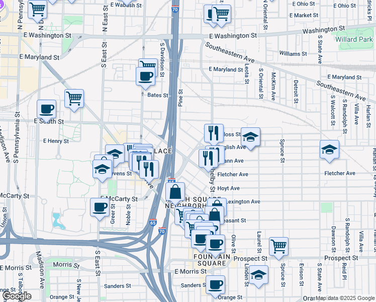 map of restaurants, bars, coffee shops, grocery stores, and more near 878 Fletcher Avenue in Indianapolis