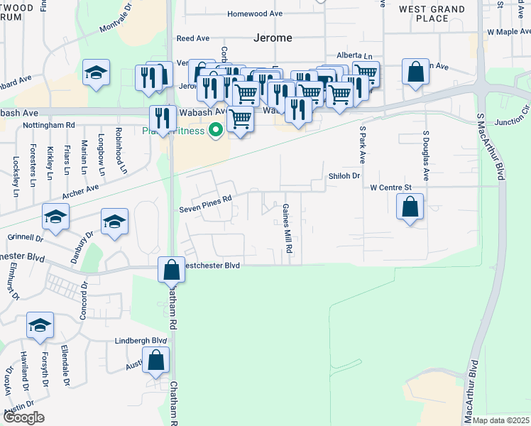 map of restaurants, bars, coffee shops, grocery stores, and more near 3301-3415 Gaines Mill Road in Springfield