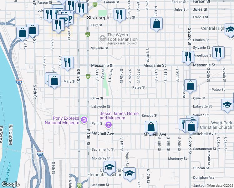 map of restaurants, bars, coffee shops, grocery stores, and more near 1401 Olive Street in Saint Joseph