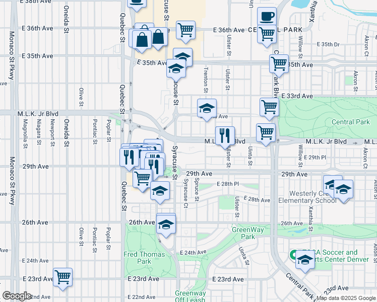 map of restaurants, bars, coffee shops, grocery stores, and more near 2960 Syracuse Street in Denver