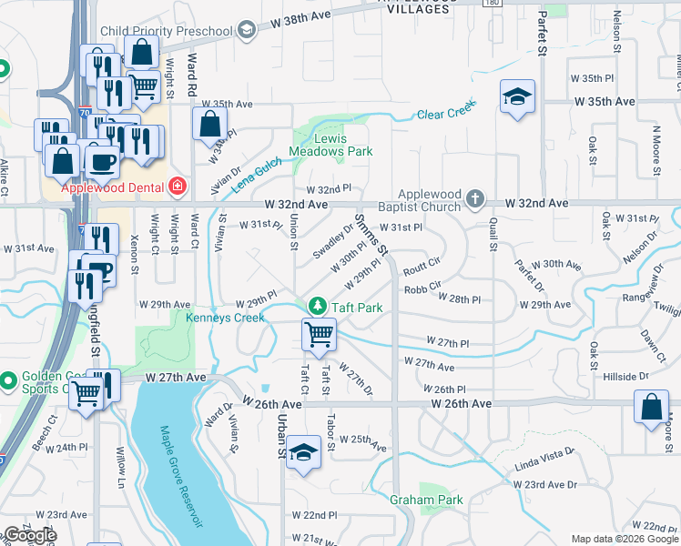 map of restaurants, bars, coffee shops, grocery stores, and more near 11725 West 29th Place in Lakewood