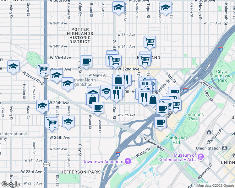 map of restaurants, bars, coffee shops, grocery stores, and more near 2944 Zuni Street in Denver