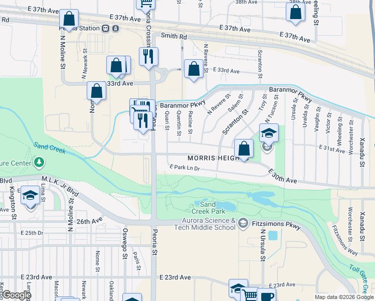 map of restaurants, bars, coffee shops, grocery stores, and more near 12372 East 30th Avenue in Aurora