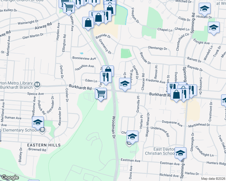 map of restaurants, bars, coffee shops, grocery stores, and more near Woodman Dr & Burkhardt Rd in Riverside