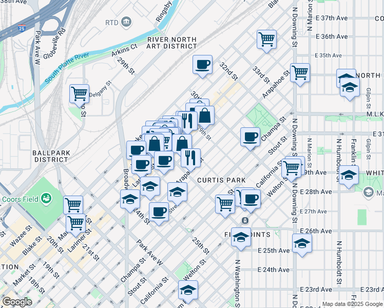 map of restaurants, bars, coffee shops, grocery stores, and more near 2759 Arapahoe Street in Denver