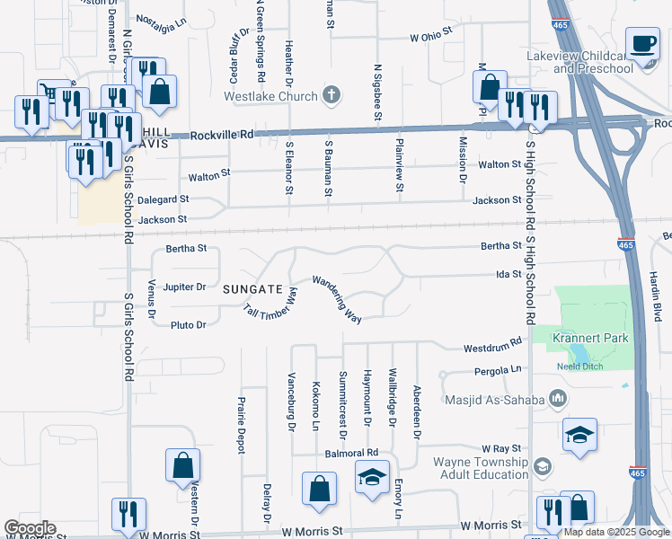 map of restaurants, bars, coffee shops, grocery stores, and more near 6736 Larkwood Court in Indianapolis