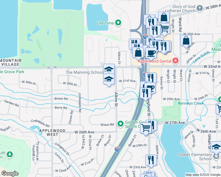 map of restaurants, bars, coffee shops, grocery stores, and more near 3085 Alkire Street in Golden