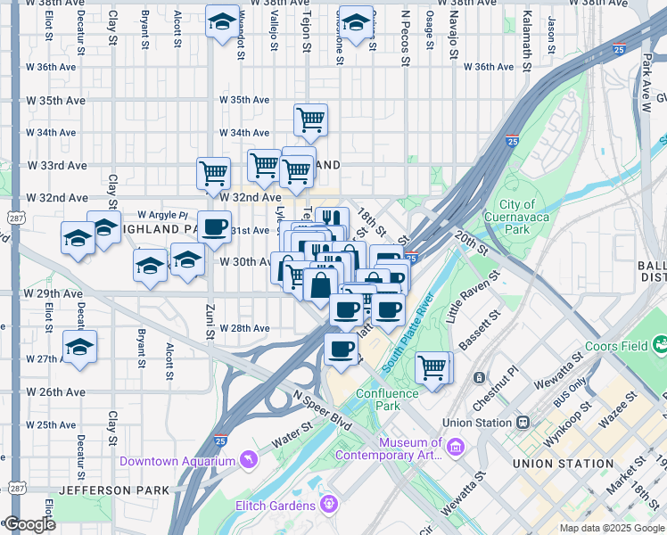 map of restaurants, bars, coffee shops, grocery stores, and more near 1560 Boulder Street in Denver