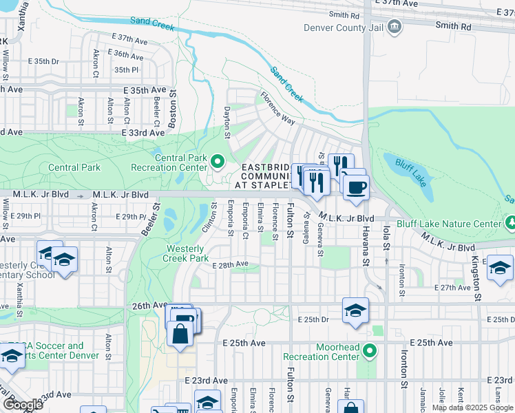 map of restaurants, bars, coffee shops, grocery stores, and more near 2983 Elmira Street in Denver