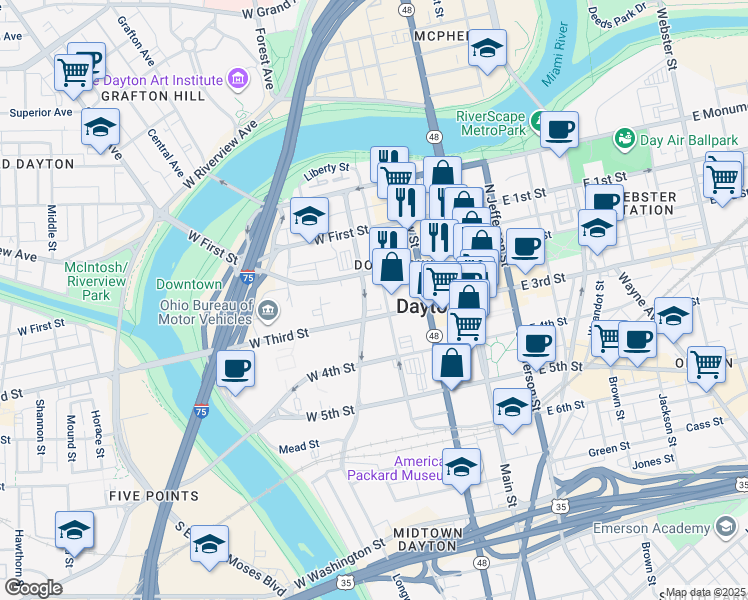 map of restaurants, bars, coffee shops, grocery stores, and more near 200 West 2nd Street in Dayton