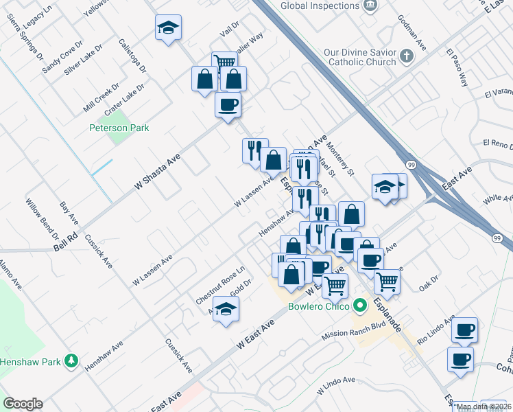 map of restaurants, bars, coffee shops, grocery stores, and more near 141 West Lassen Avenue in Chico
