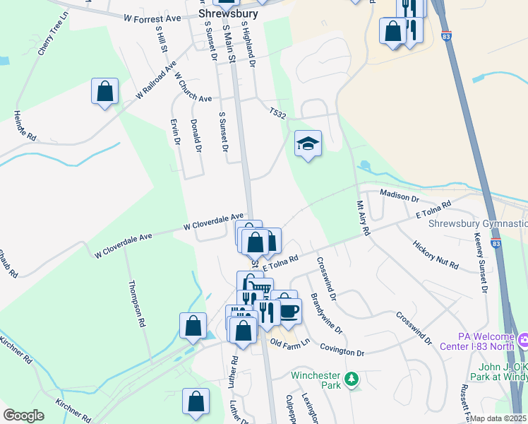 map of restaurants, bars, coffee shops, grocery stores, and more near 403 South Main Street in Shrewsbury