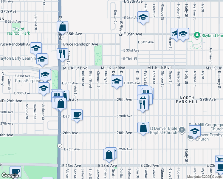 map of restaurants, bars, coffee shops, grocery stores, and more near 2959 Dexter Street in Denver
