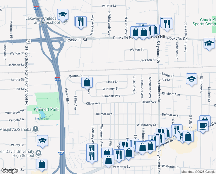 map of restaurants, bars, coffee shops, grocery stores, and more near 5607 West Henry Street in Indianapolis